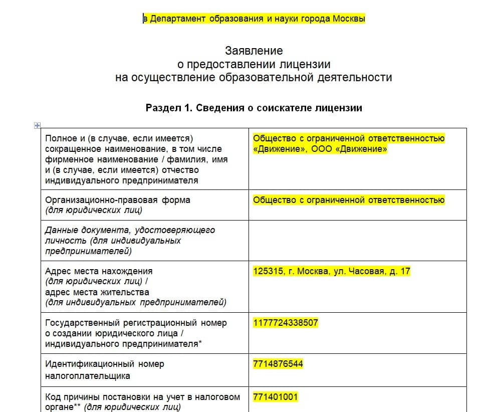 Образец заявления на получение образовательной лицензии